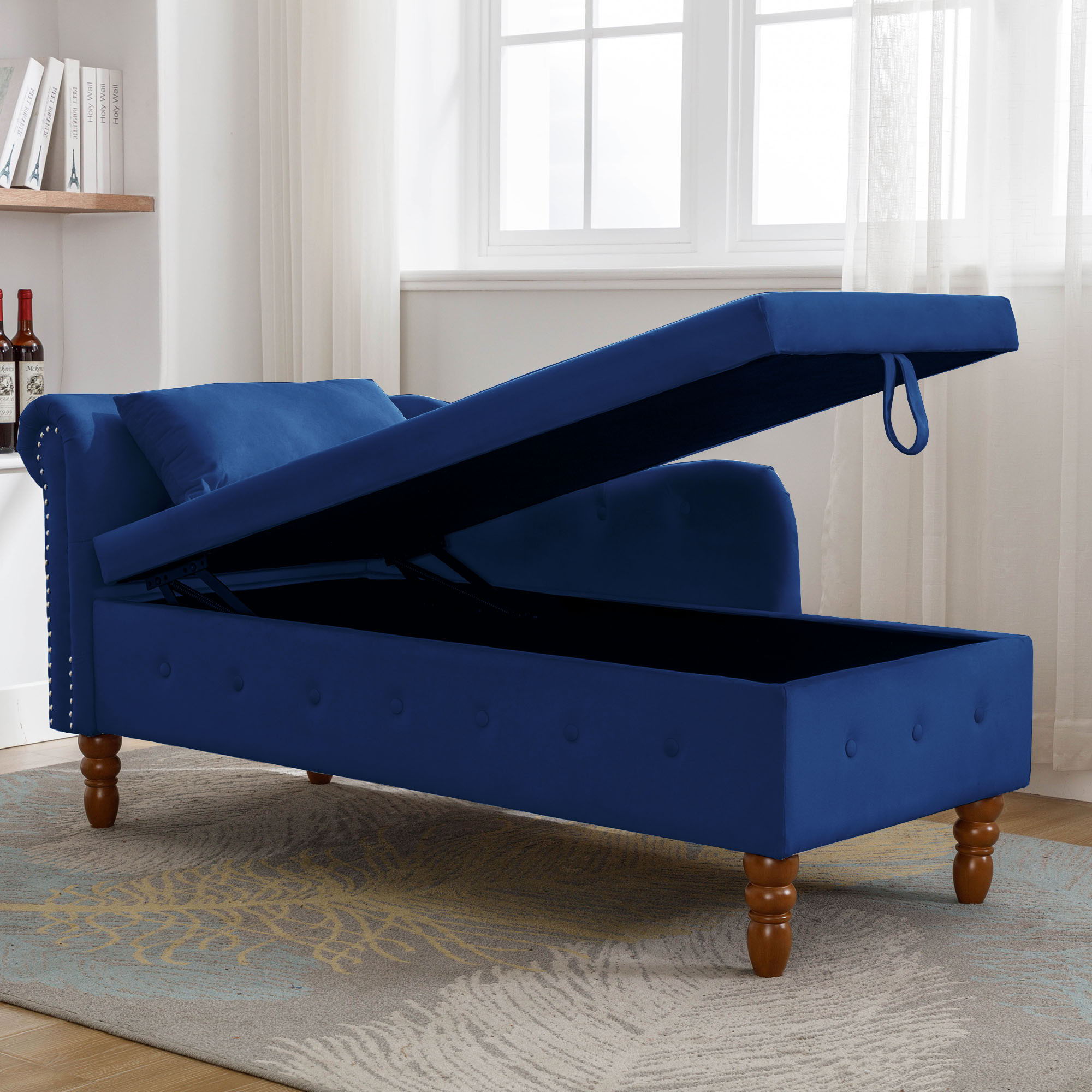 Chaise Lounge Indoor, Lounge Chair For Bedroom With Storage & Pillow, Modern Upholstered Rolled Arm Chase Lounge For Sleeping With Nailhead Trim For Living Room Bedroom Office