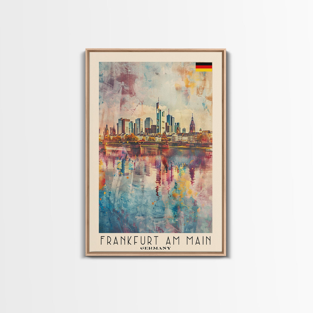 Frankfurt Germany Modern Skyline Watercolor Framed Canvas Print, Contemporary Travel Poster Art for Home and Office Wall Decor