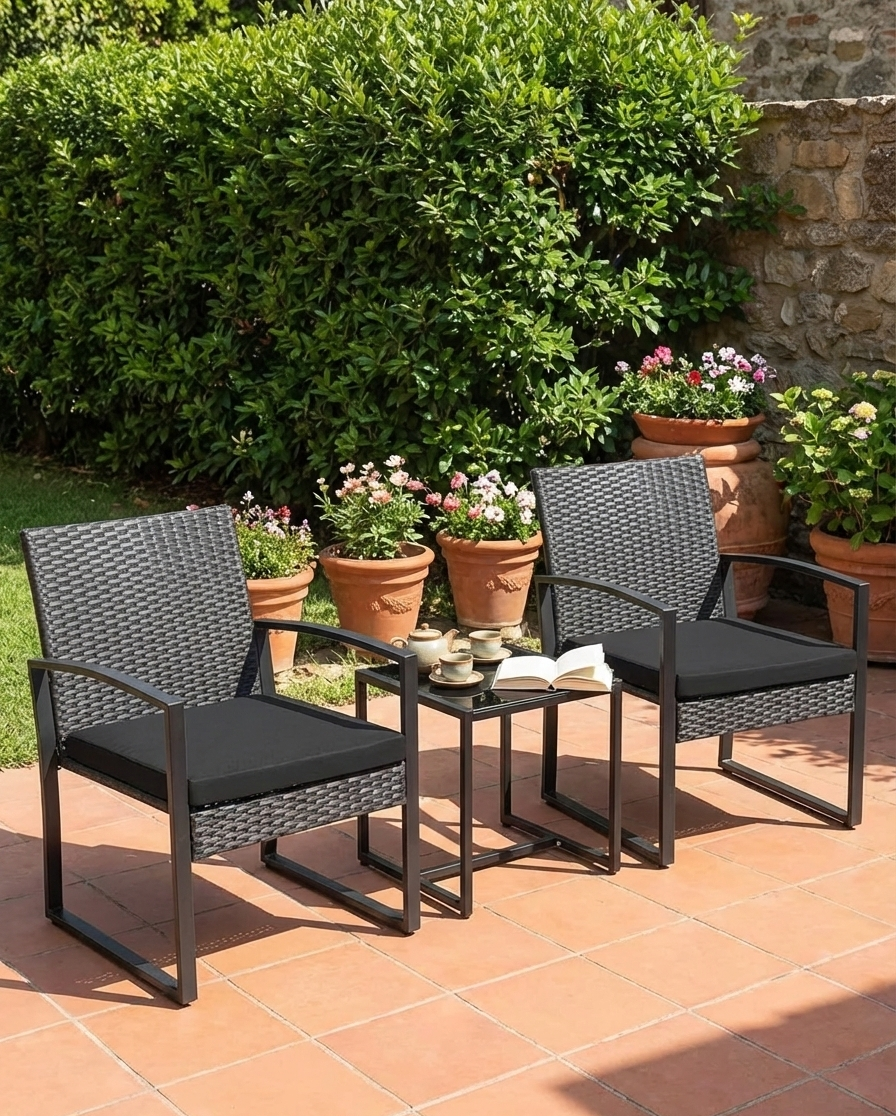 3-Piece Outdoor Patio Furniture Set – Wicker Chairs + Bar Table with Cushions
