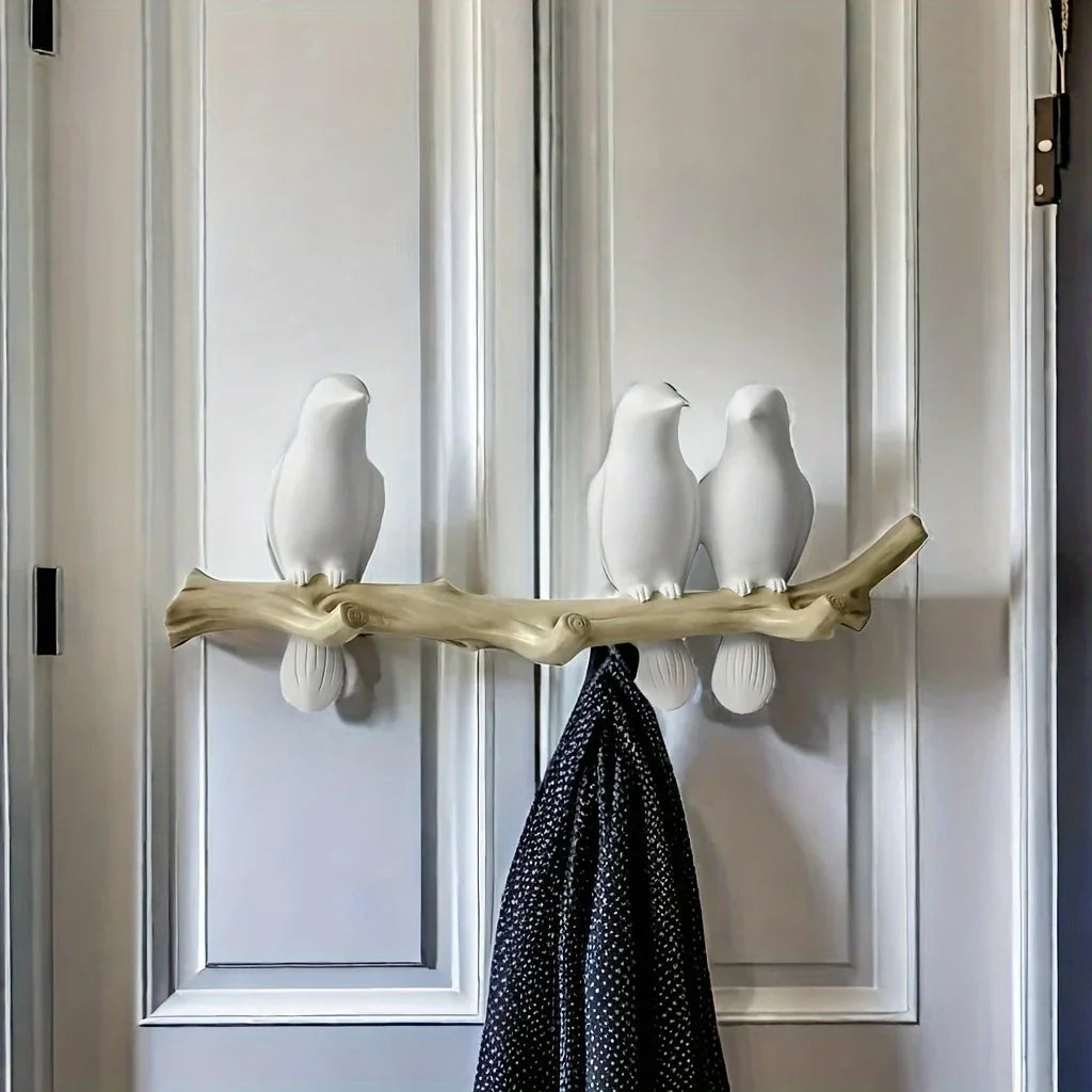 1pc Nordic Bird Design Wall Hook - Stylish Resin Key & Coat Organizer for Entryway, Decorative White Birds on Natural Wood Branch, Modern Home Decor Storage Solution, Bird Decor