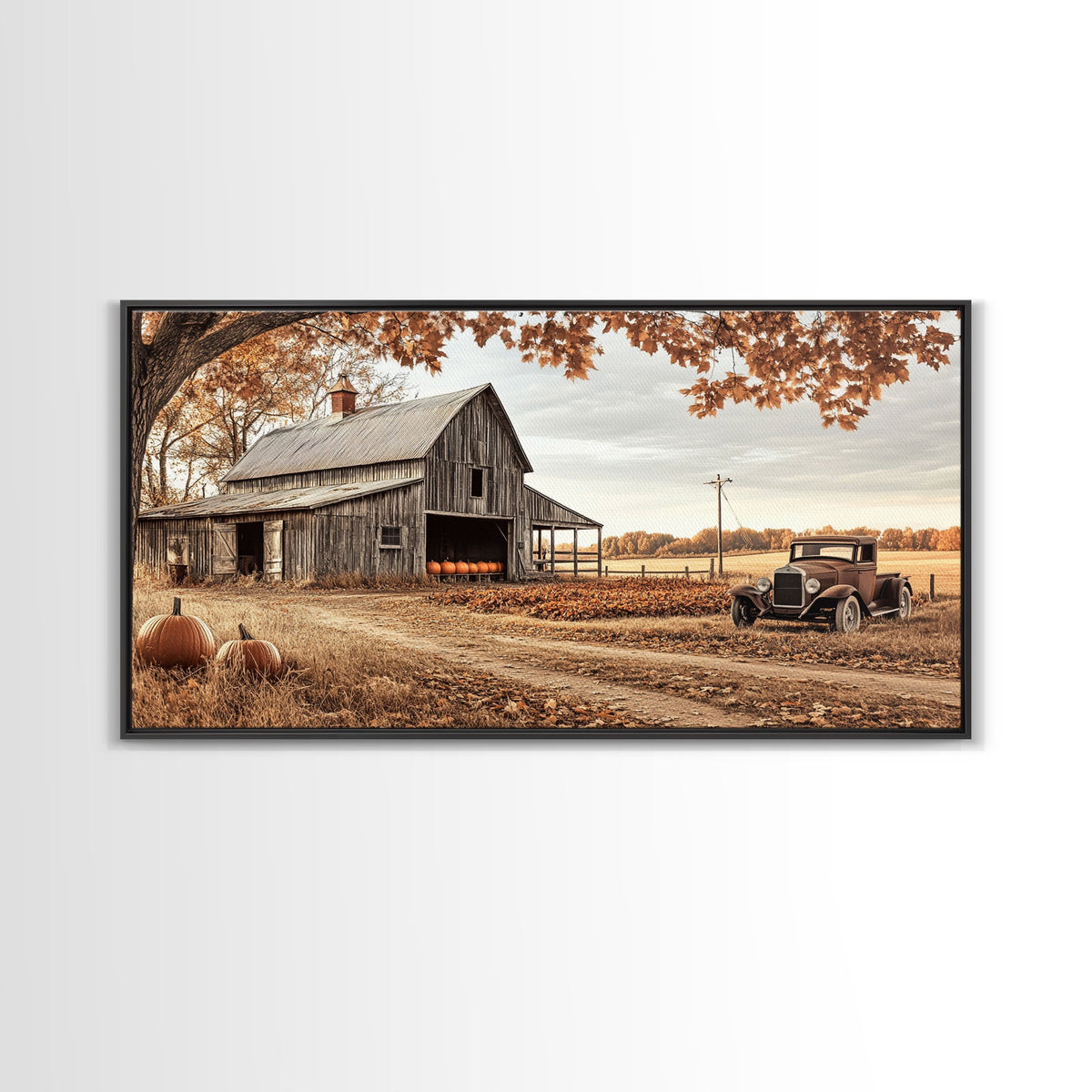 Farmhouse Autumn Decor Framed Canvas Print with Rustic Truck and Barn, Fall Country Art Wall Decor, Pumpkin Harvest Gift Idea Seasonal Decor