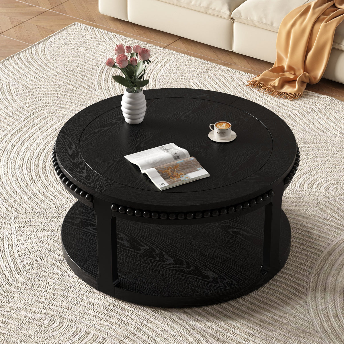 31.5 Inch Solid Wood Round Coffee Table for Living Room,2-Tier Rustic Wood Desktop with Storage Shelf Modern Design Home Furniture (Black)