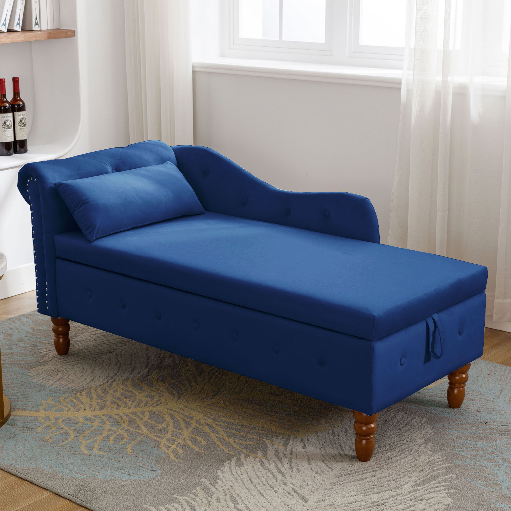 Chaise Lounge Indoor, Lounge Chair For Bedroom With Storage & Pillow, Modern Upholstered Rolled Arm Chase Lounge For Sleeping With Nailhead Trim For Living Room Bedroom Office