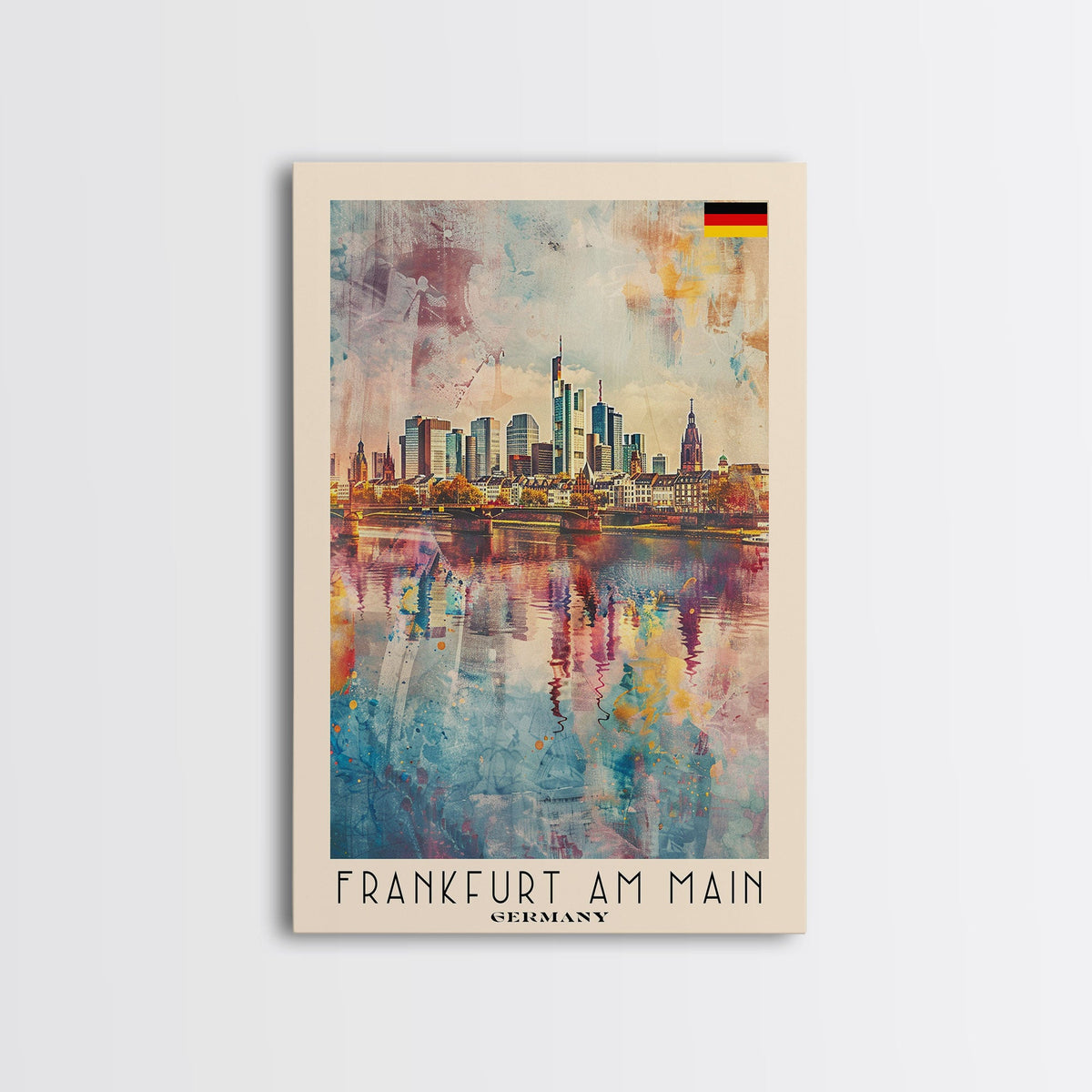 Frankfurt Germany Modern Skyline Watercolor Framed Canvas Print, Contemporary Travel Poster Art for Home and Office Wall Decor