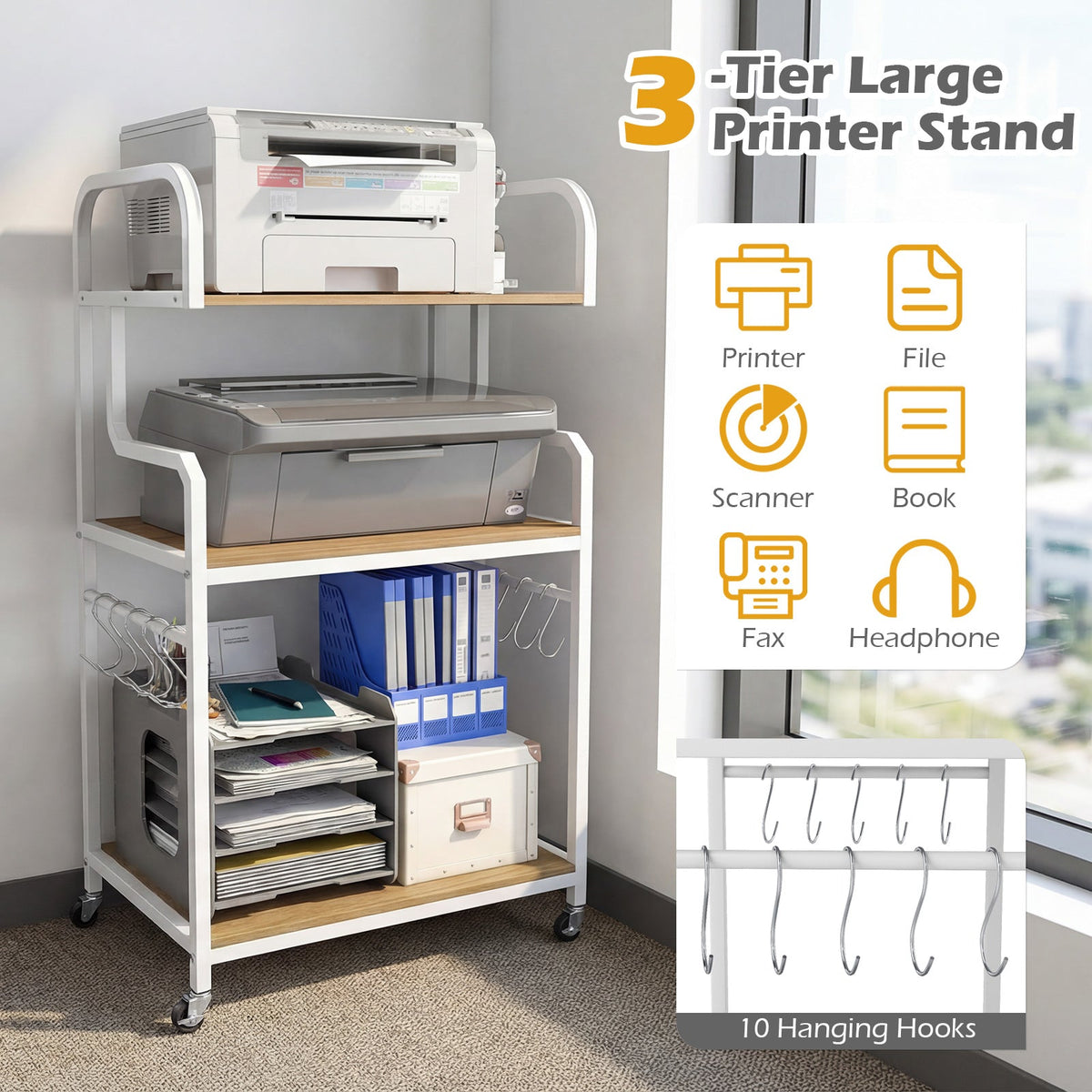3-Tier Rolling Printer Stand Home Office Large Printer Cart with Storage Shelves