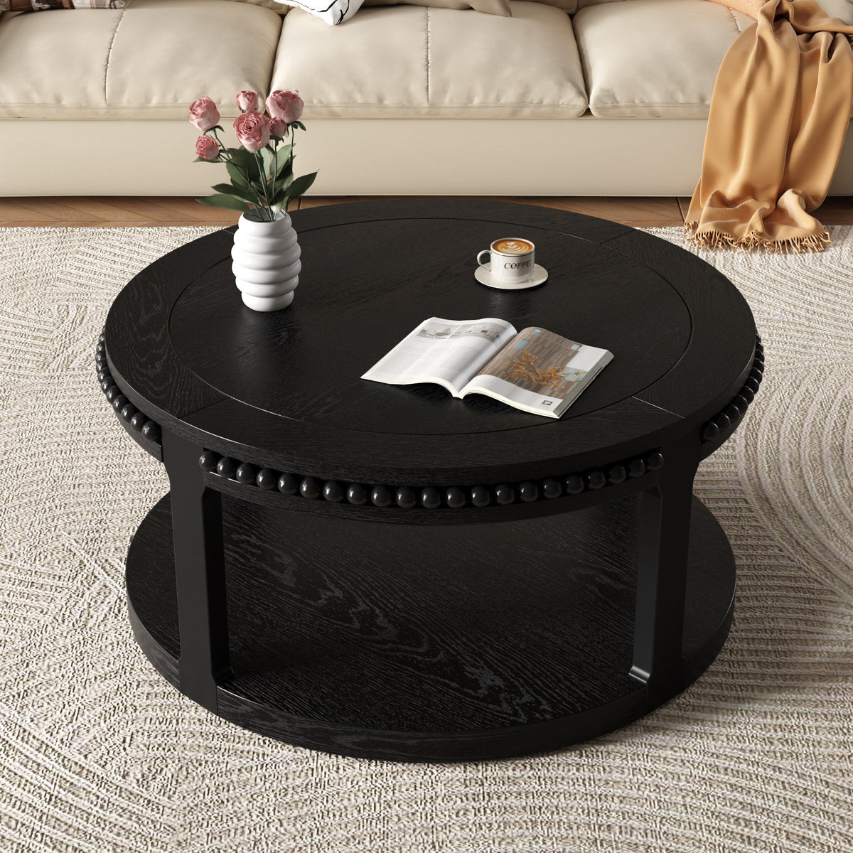 31.5 Inch Solid Wood Round Coffee Table for Living Room,2-Tier Rustic Wood Desktop with Storage Shelf Modern Design Home Furniture (Black)