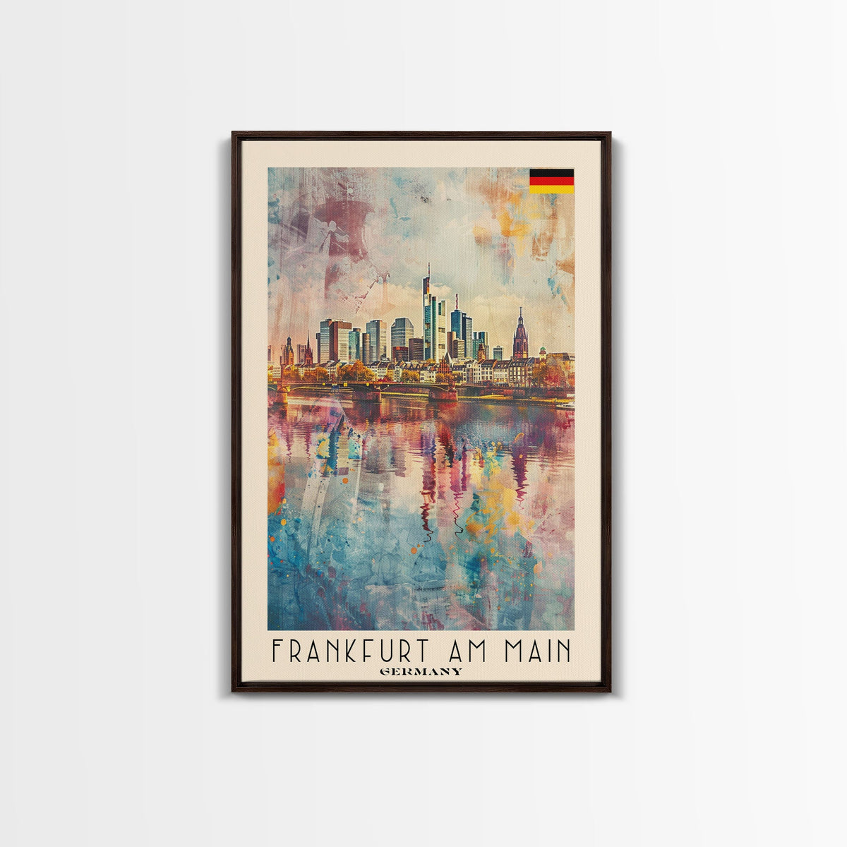Frankfurt Germany Modern Skyline Watercolor Framed Canvas Print, Contemporary Travel Poster Art for Home and Office Wall Decor
