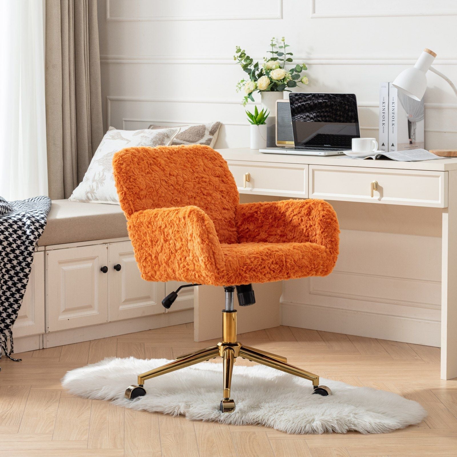 Office Chair, Artificial Rabbit Hair Home Office Chair With Metal Base, Adjustable Desk Chair Swivel Office Chair, Vanity Chair