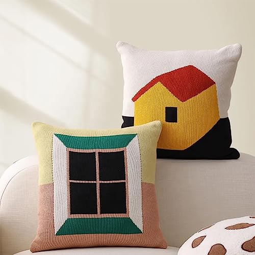 Fennco Styles Novelty House Knitted Decorative Throw Pillow Cover 18" W x 18" L – Multicolor Textured Cushion Case for Home, Couch, Sofa, Bedroom, Kids Room, Playroom and Office Décor