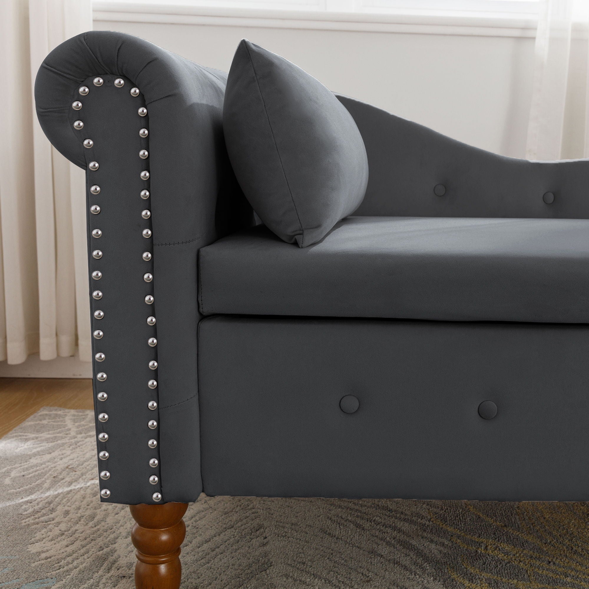 Chaise Lounge Indoor, Lounge Chair For Bedroom With Storage & Pillow, Modern Upholstered Rolled Arm Chase Lounge For Sleeping With Nailhead Trim For Living Room Bedroom Office