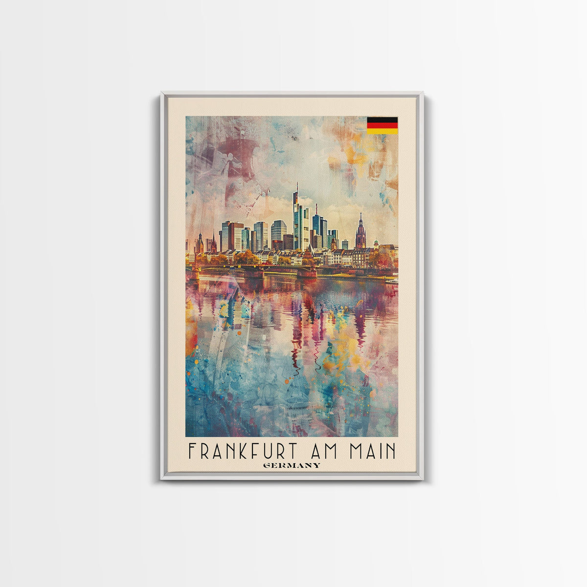 Frankfurt Germany Modern Skyline Watercolor Framed Canvas Print, Contemporary Travel Poster Art for Home and Office Wall Decor