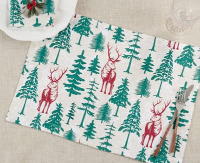 Fennco Styles Deer & Holiday Tree Christmas Cotton Table Runner 14"W x 72"L – Multicolor Woven Festive Table Cover for Winter Festivals, Holidays Décor, Banquets, Family Gatherings and Special Events