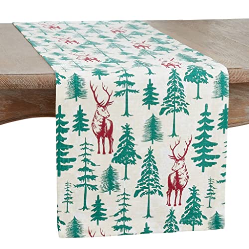 Fennco Styles Deer & Holiday Tree Christmas Cotton Table Runner 14"W x 72"L – Multicolor Woven Festive Table Cover for Winter Festivals, Holidays Décor, Banquets, Family Gatherings and Special Events