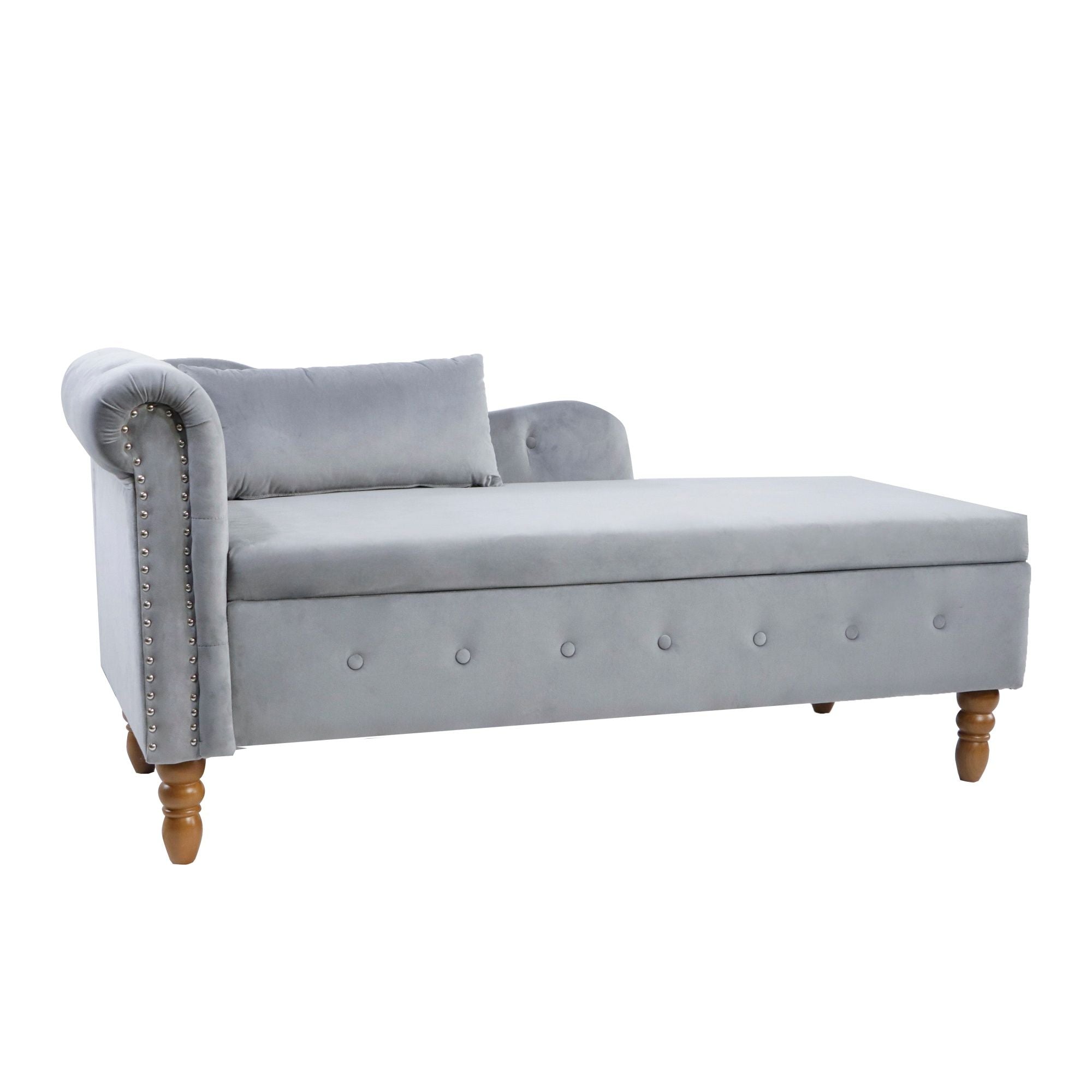 Chaise Lounge Indoor, Lounge Chair For Bedroom With Storage & Pillow, Modern Upholstered Rolled Arm Chase Lounge For Sleeping With Nailhead Trim For Living Room Bedroom Office