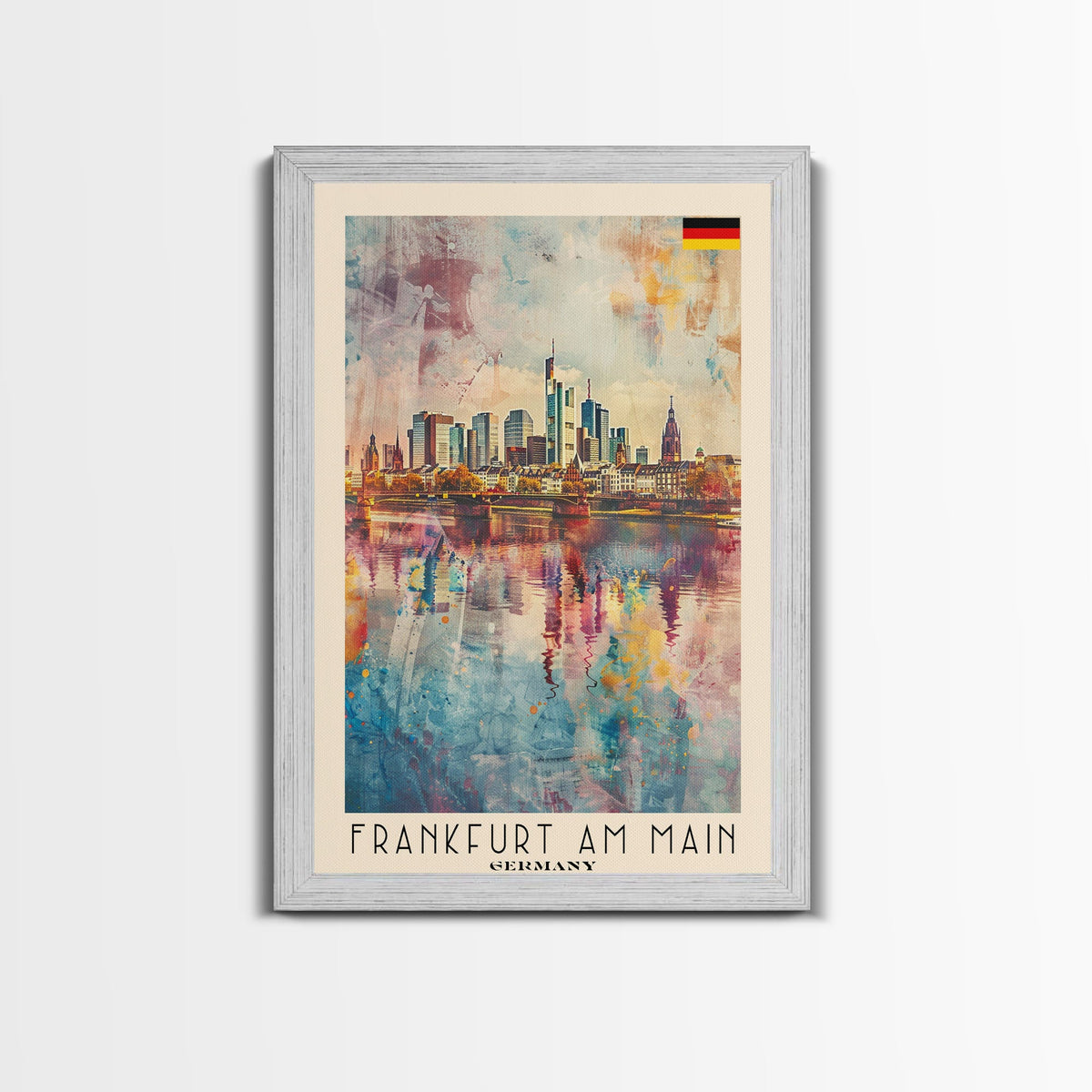 Frankfurt Germany Modern Skyline Watercolor Framed Canvas Print, Contemporary Travel Poster Art for Home and Office Wall Decor
