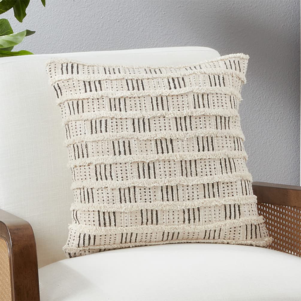 Fennco Styles Handmade Tufted Block Print Cotton Decorative Throw Pillow 18" W x 18" L - Black & White Woven Square Cushion for Home, Couch, Living Room, Bedroom, Office and Holiday Décor