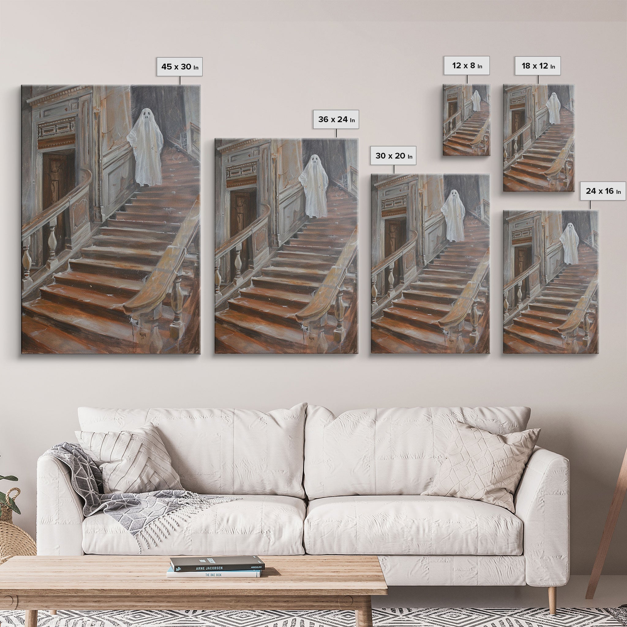 Ghost On Stairs Canvas Print - Halloween Art, Spooky Home Decor, Ghost Wall Art, Haunted House Decor, Halloween Decor, Framed Canvas Print