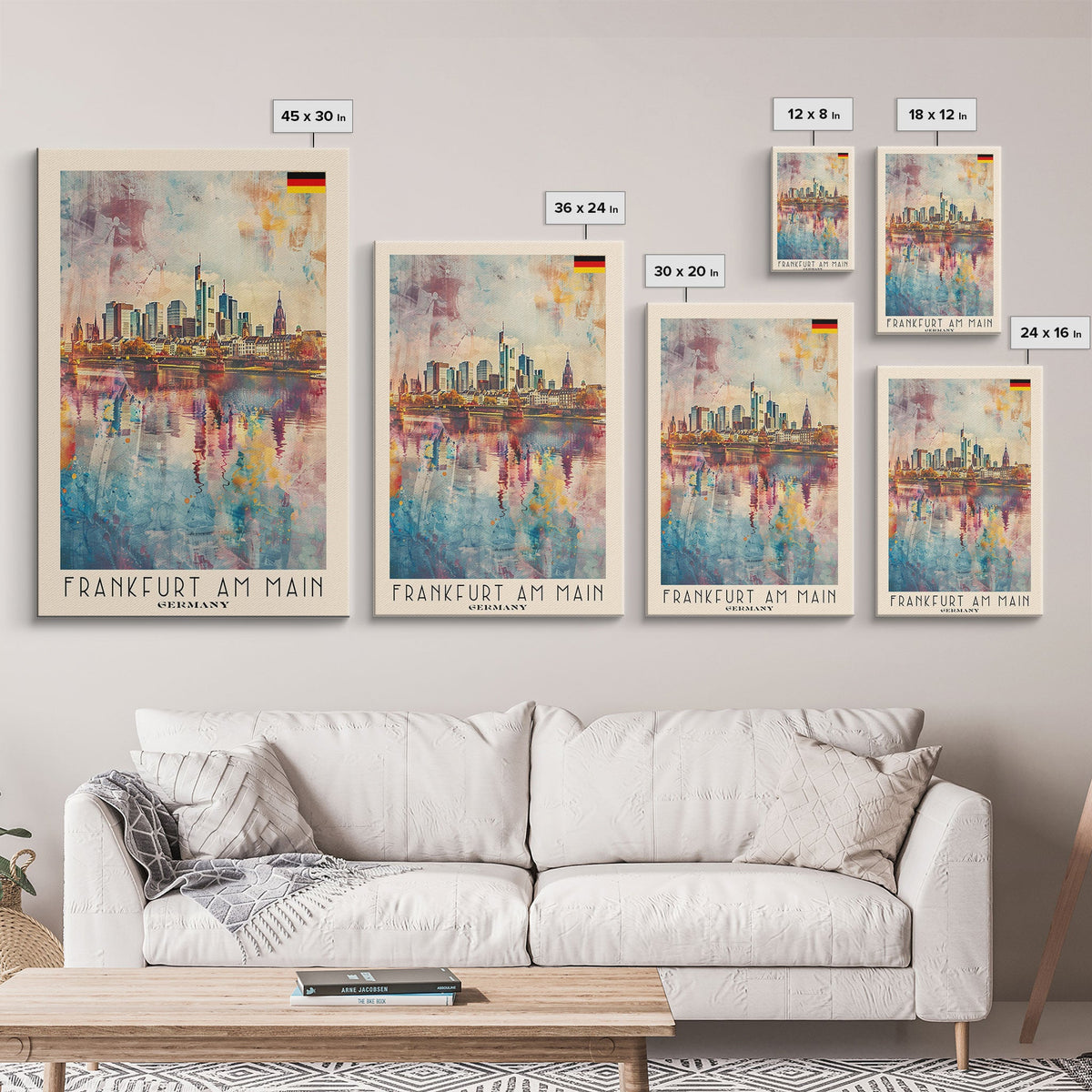 Frankfurt Germany Modern Skyline Watercolor Framed Canvas Print, Contemporary Travel Poster Art for Home and Office Wall Decor