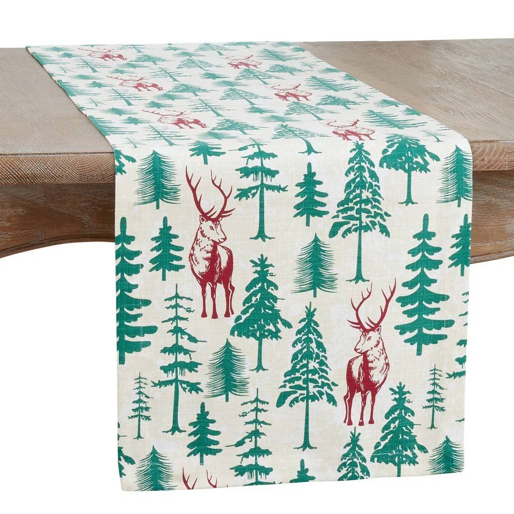 Fennco Styles Deer & Holiday Tree Christmas Cotton Table Runner 14"W x 72"L – Multicolor Woven Festive Table Cover for Winter Festivals, Holidays Décor, Banquets, Family Gatherings and Special Events