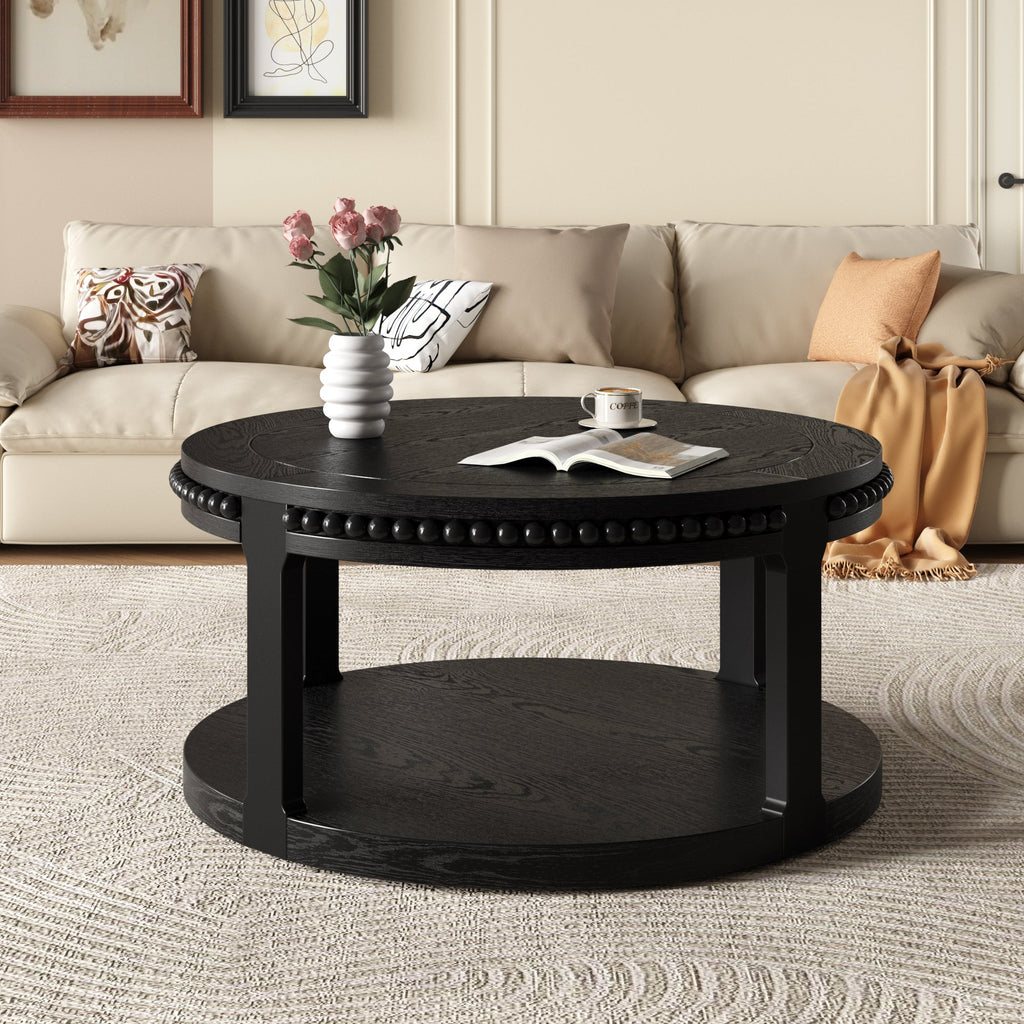 31.5 Inch Solid Wood Round Coffee Table for Living Room,2-Tier Rustic Wood Desktop with Storage Shelf Modern Design Home Furniture (Black)