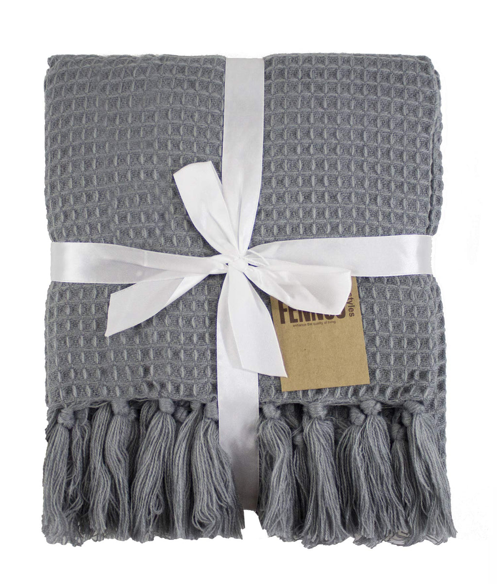 Fennco Styles Classic Waffle Weave Tassel Trim 50 x 60 Inch Throw - Grey Throw Blanket for Couch, Bedroom and Living Room Décor