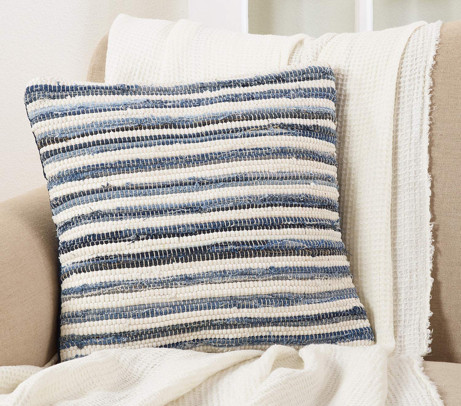 Fennco Styles Gênes Collection Bohemian Tasseled Chindi 100% Pure Cotton 18 x 18 Inch Throw Pillow with Case & Insert – Denim Accent Pillow for Couch, Bedroom and Living Room Décor