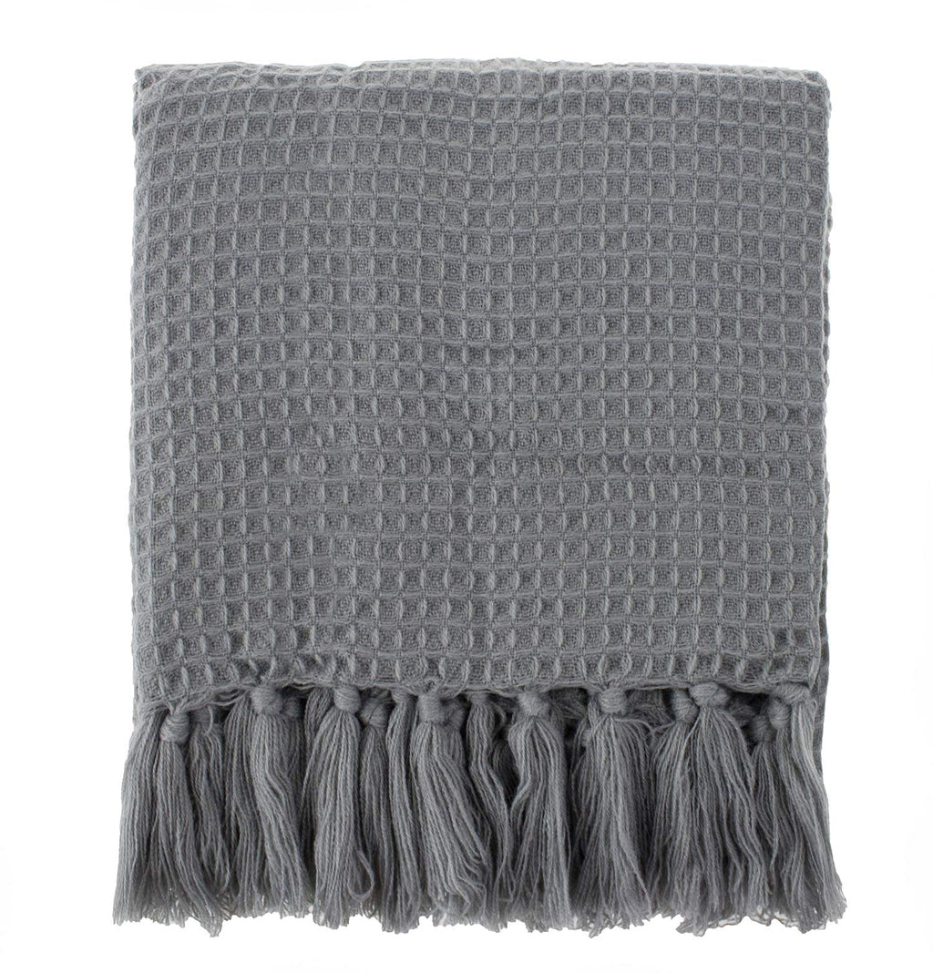 Fennco Styles Classic Waffle Weave Tassel Trim 50 x 60 Inch Throw - Grey Throw Blanket for Couch, Bedroom and Living Room Décor