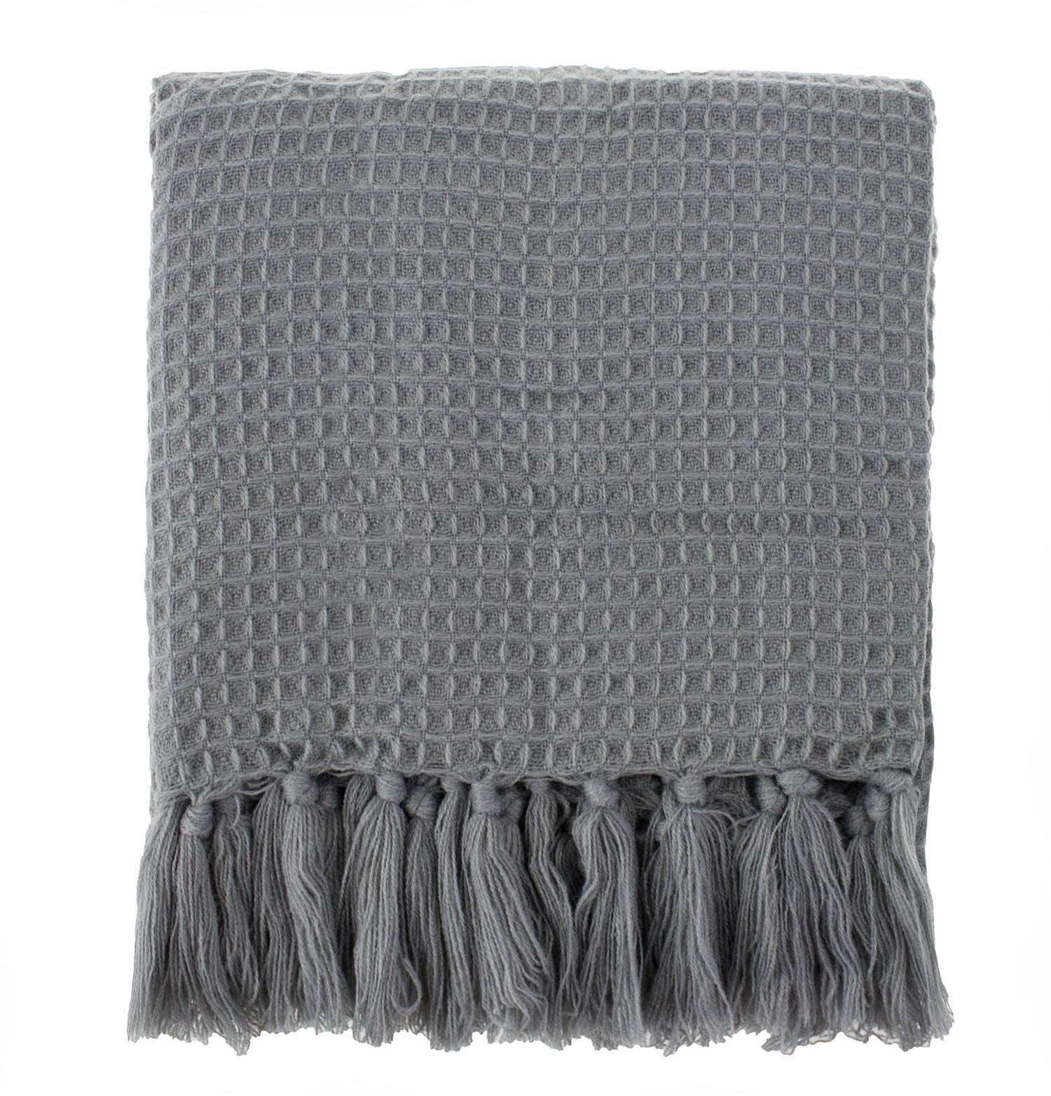 Fennco Styles Classic Waffle Weave Tassel Trim 50 x 60 Inch Throw - Grey Throw Blanket for Couch, Bedroom and Living Room Décor