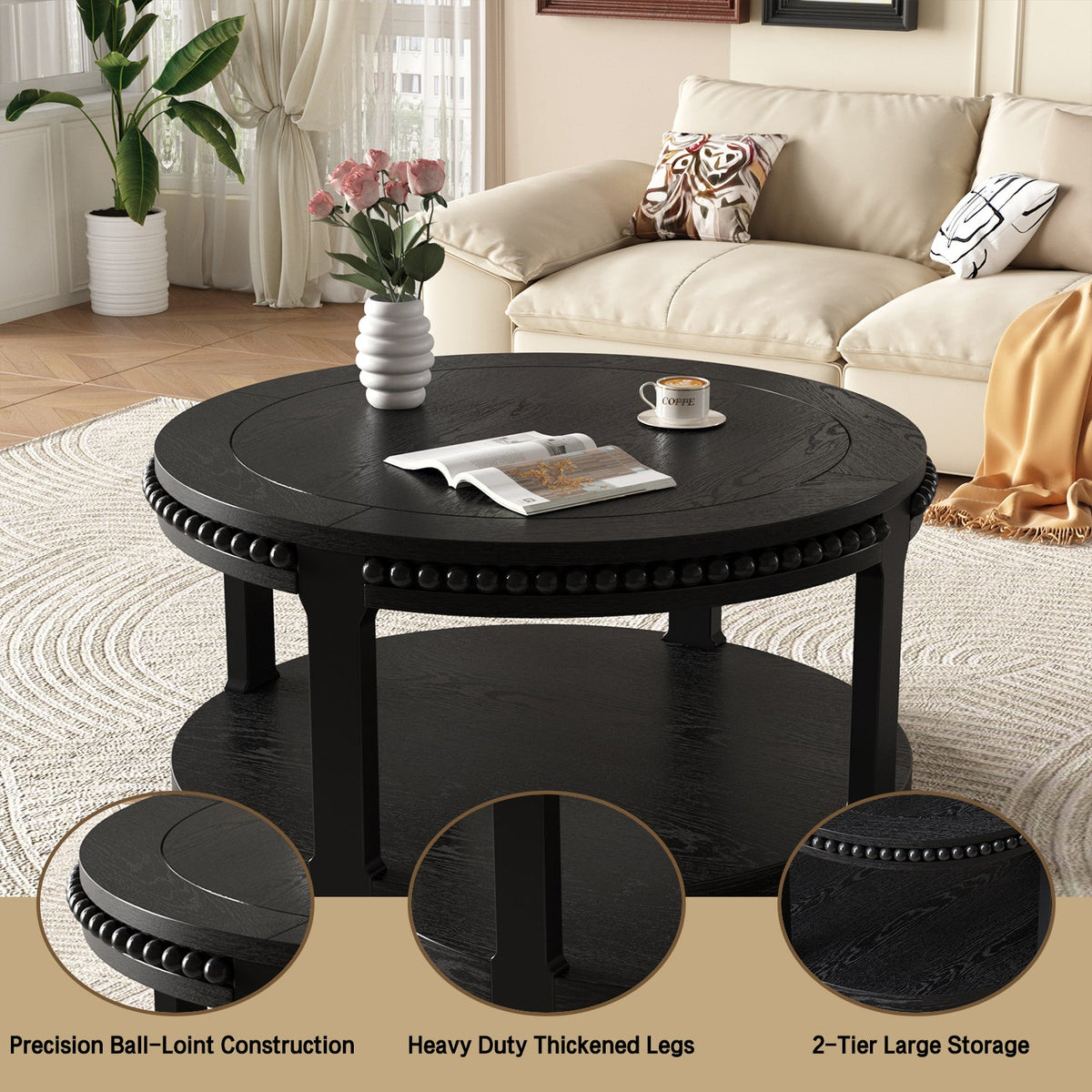 31.5 Inch Solid Wood Round Coffee Table for Living Room,2-Tier Rustic Wood Desktop with Storage Shelf Modern Design Home Furniture (Black)