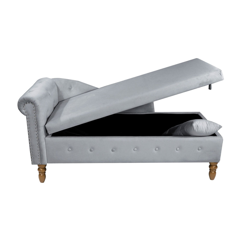Chaise Lounge Indoor, Lounge Chair For Bedroom With Storage & Pillow, Modern Upholstered Rolled Arm Chase Lounge For Sleeping With Nailhead Trim For Living Room Bedroom Office