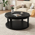 31.5 Inch Solid Wood Round Coffee Table for Living Room,2-Tier Rustic Wood Desktop with Storage Shelf Modern Design Home Furniture (Black)