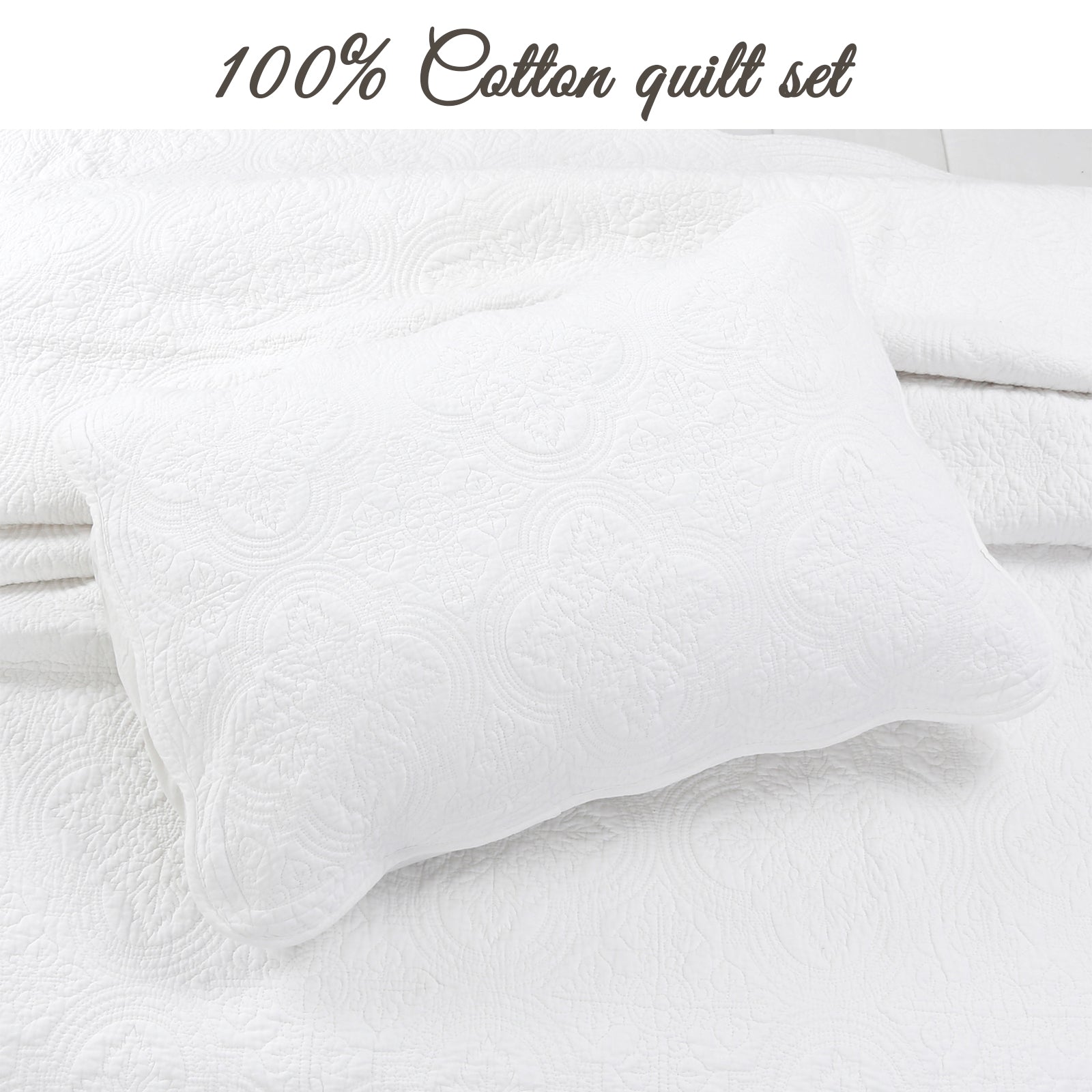 Serenity White Victorian Scalloped Medallion Floral Pure Solid Cotton Reversible Quilt Bedding Set