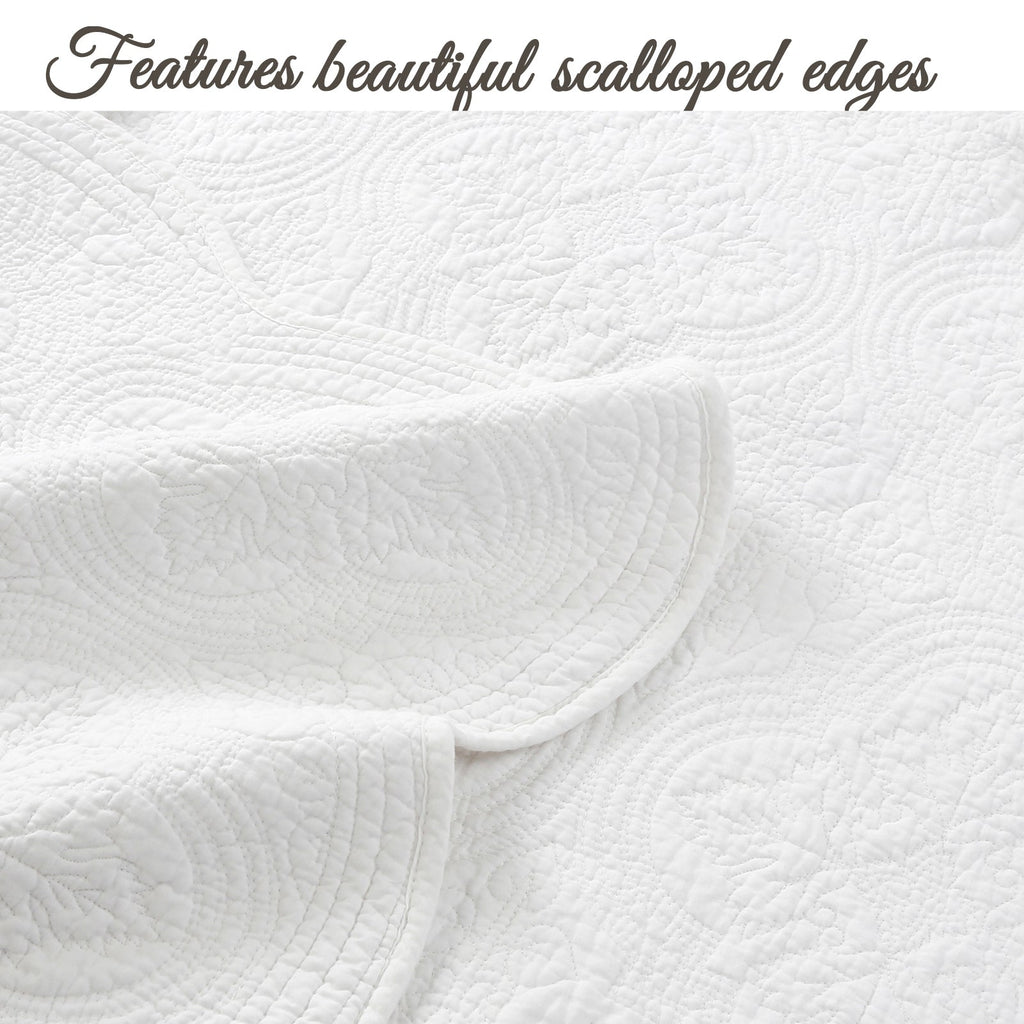 Serenity White Victorian Scalloped Medallion Floral Pure Solid Cotton Reversible Quilt Bedding Set
