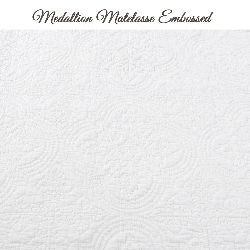 Serenity White Victorian Scalloped Medallion Floral Pure Solid Cotton Reversible Quilt Bedding Set