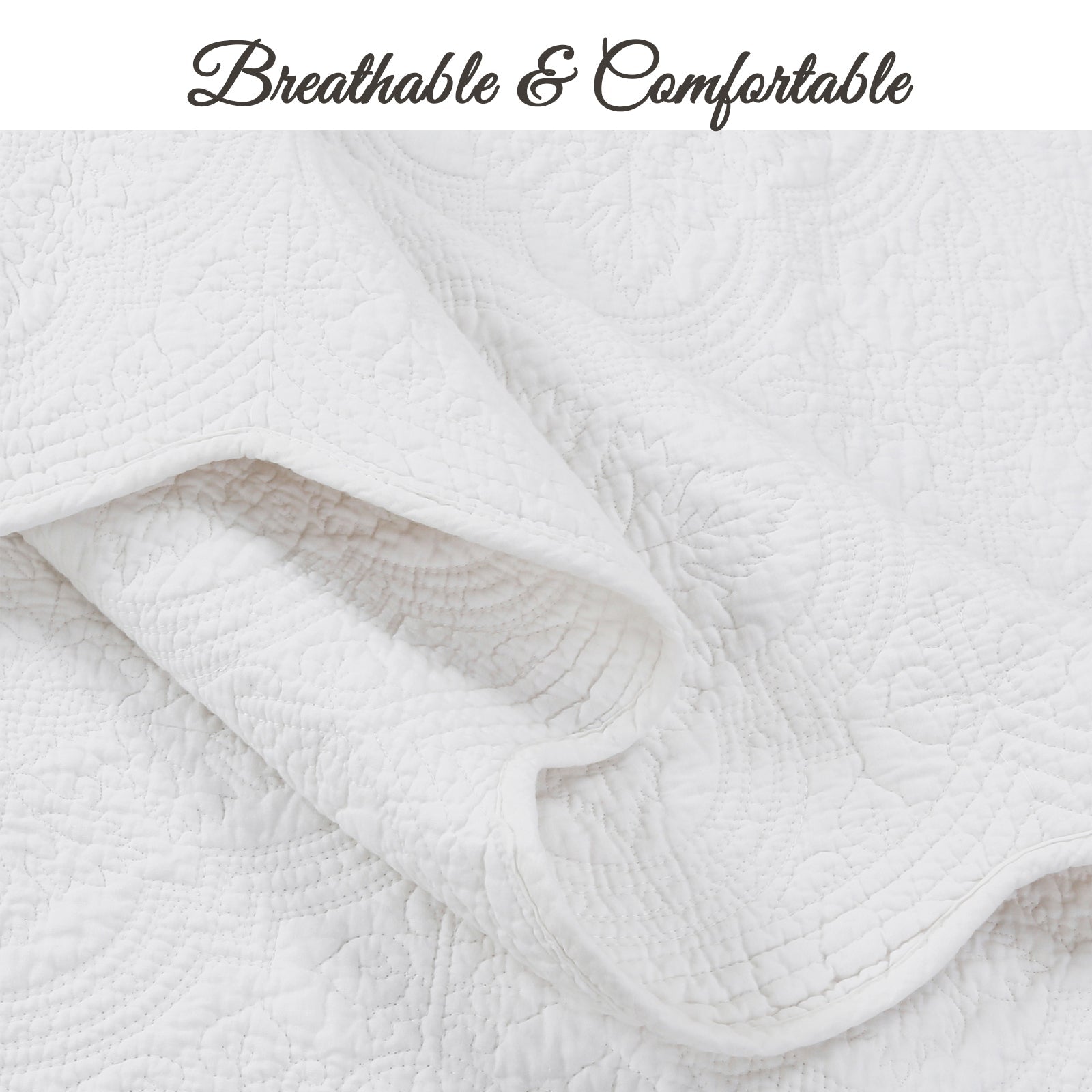 Serenity White Victorian Scalloped Medallion Floral Pure Solid Cotton Reversible Quilt Bedding Set