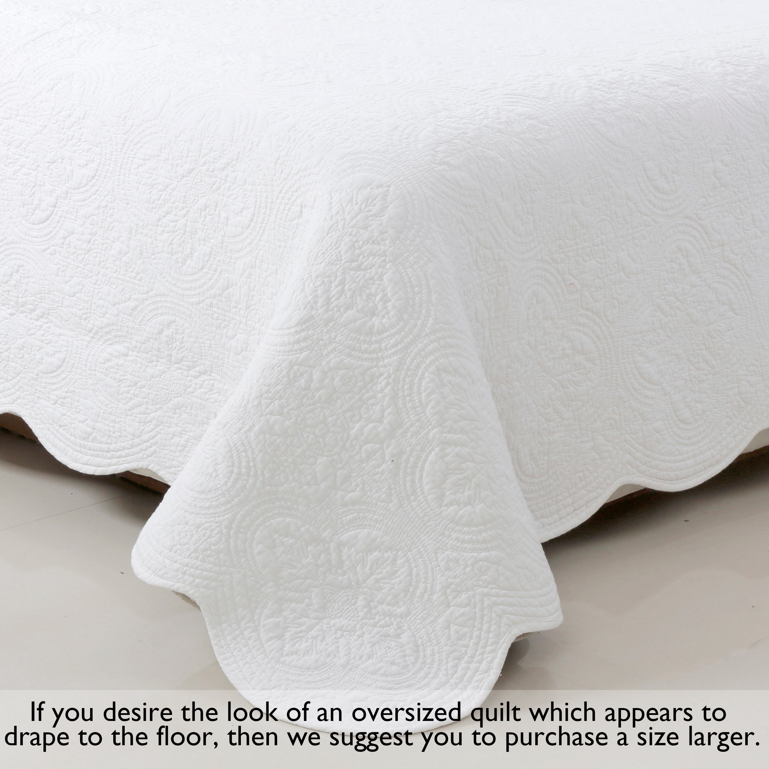 Serenity White Victorian Scalloped Medallion Floral Pure Solid Cotton Reversible Quilt Bedding Set