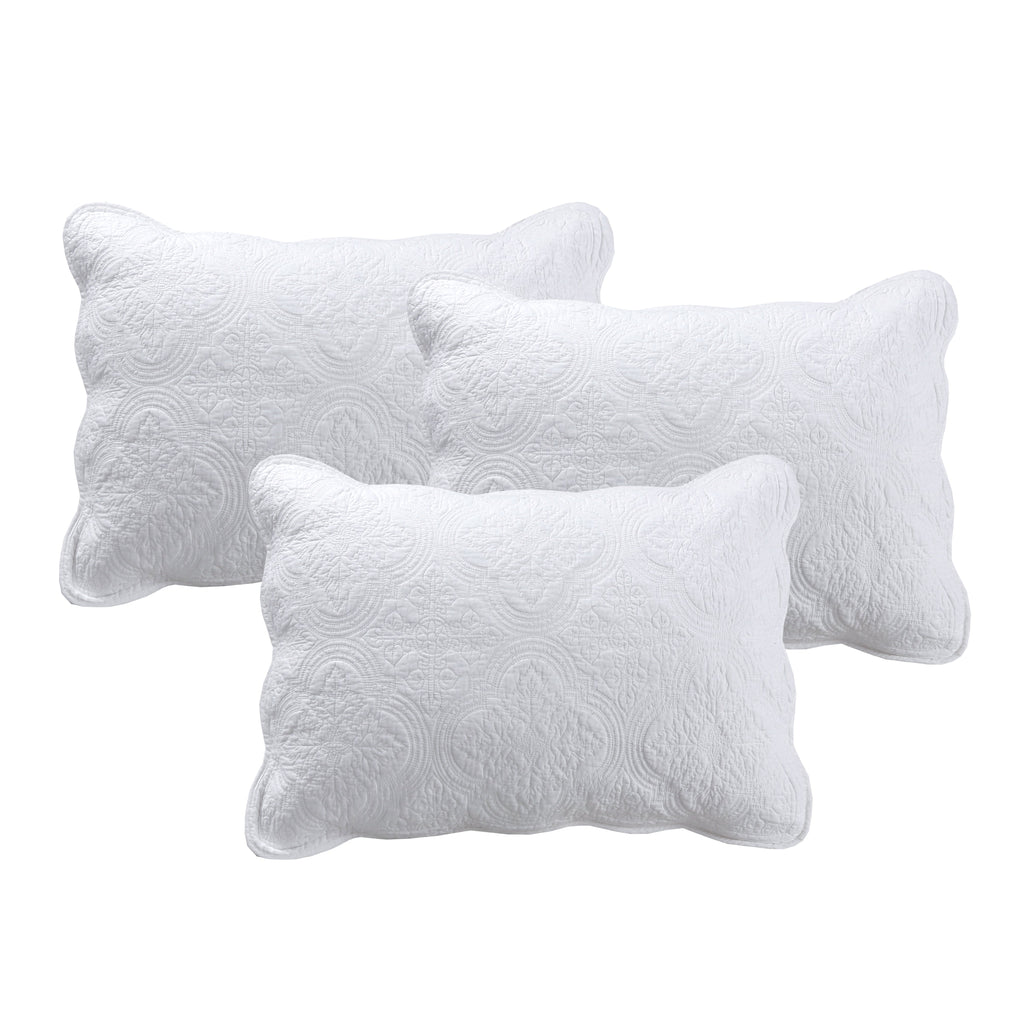Serenity White Victorian Scalloped Medallion Floral Pure Solid Cotton Reversible Quilt Bedding Set