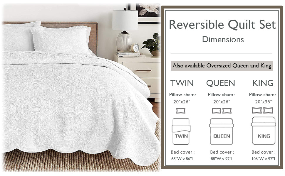 Serenity White Victorian Scalloped Medallion Floral Pure Solid Cotton Reversible Quilt Bedding Set