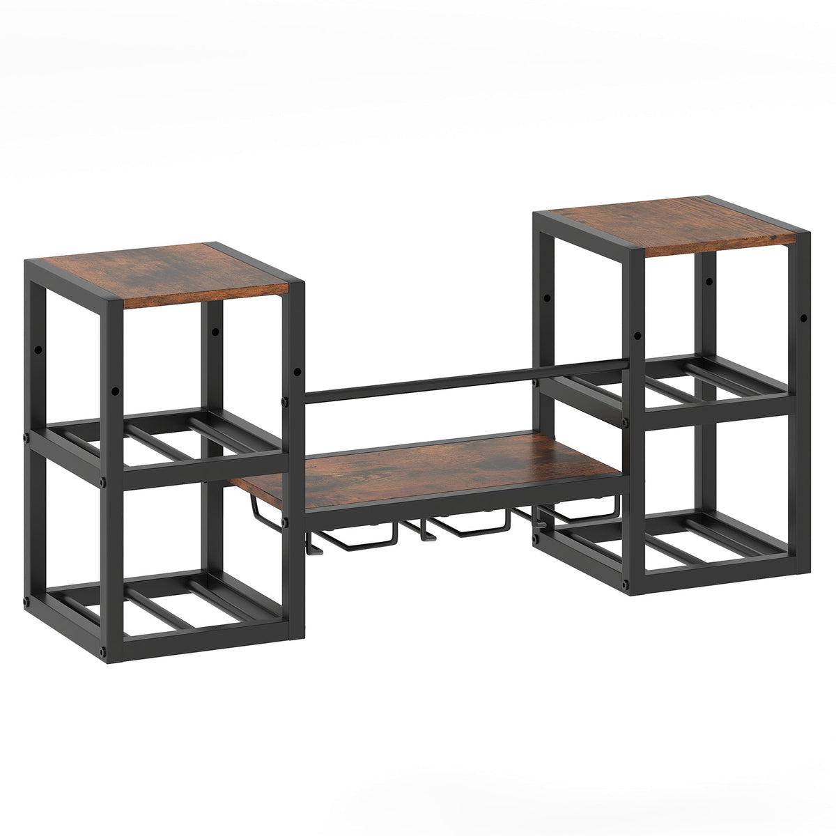 Heavy-duty Wall Mounted Wine Rack with Glass Holder Metal Frame 8-Bottle Holder-Rustic Brown