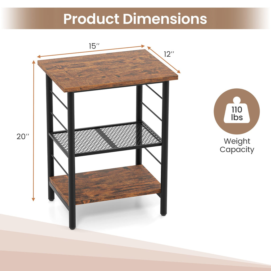 3-Tier End Table Space-Saving Nightstand Industrial Bedside Table for Living Room Bedroom-Rustic Brown