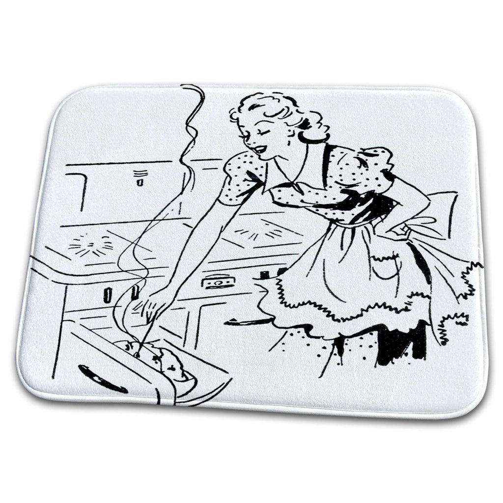 Dish Drying Mat - Print of Retro Mom In Kitchen Cooking Retro