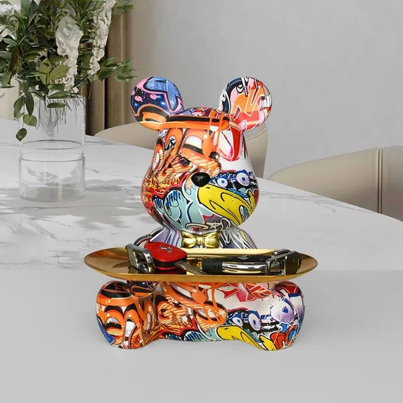 Trendy Colorful Graffiti Bear Abstract Resin Storage Statue Cute Doodle Animal Organizer Desk Holder for Home Office Ornaments