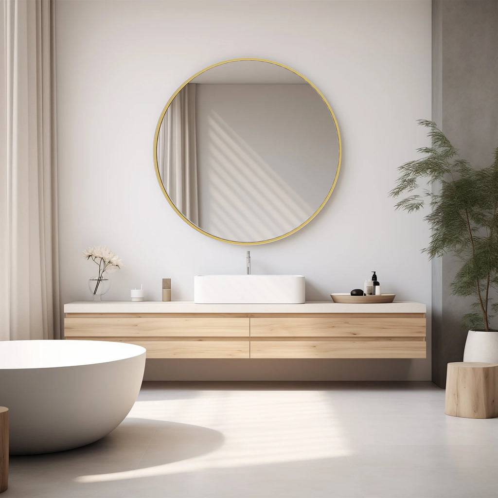JHK 30 Inch Large Gold Round Vanity Framed Mirror for Wall Matte Metal Framed Modern Mirror Tempered Glass Bedroom Living Room