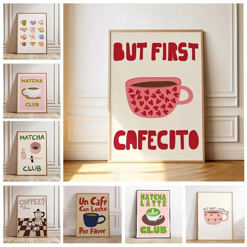But First Cafecito Quotation Canvas Print Minimalist Matcha Club Spanish Wall Art Poster for Modern Living Room Cafe Home Decor