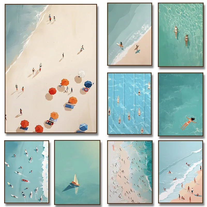 Nordic Summer Girl Swimming Pool Party Beach Ocean Boat Wall Art Print Poster Canvas Painting Picture Living Room & Home Decor