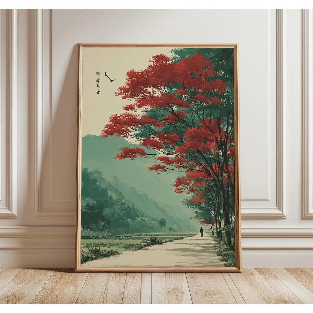 1 Frameless Japanese Tree Poster,Retro Landscape Painting,Natural Wall Art Print,Peaceful Landscape Art,Spring Flower Decoration