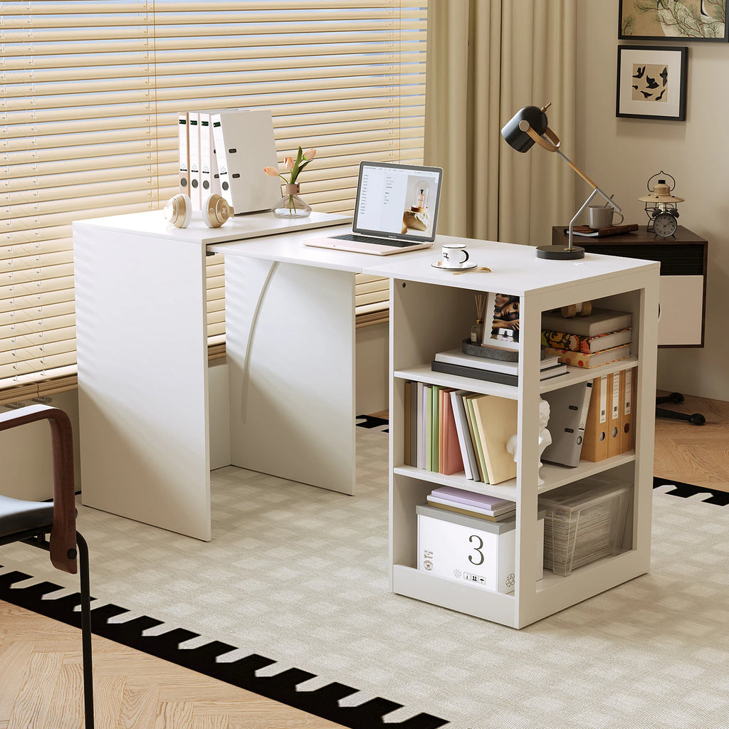 58" Office Desk with Pull Out Table on Hidden Wheels, Computer Desk with 3-Tier Open Shelves, Folding Desks for Small Spaces, as Kitchen Island, Bar(White)