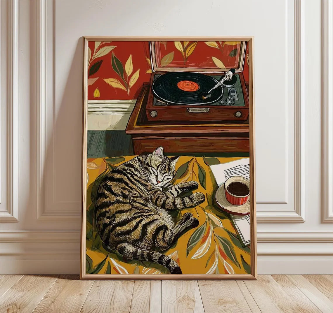 Retro Cat with Coffee Wall Art, Vintage Record Player Print, Cozy Living Room Decor, Bohemian Music Lover Poster, Colorful Home