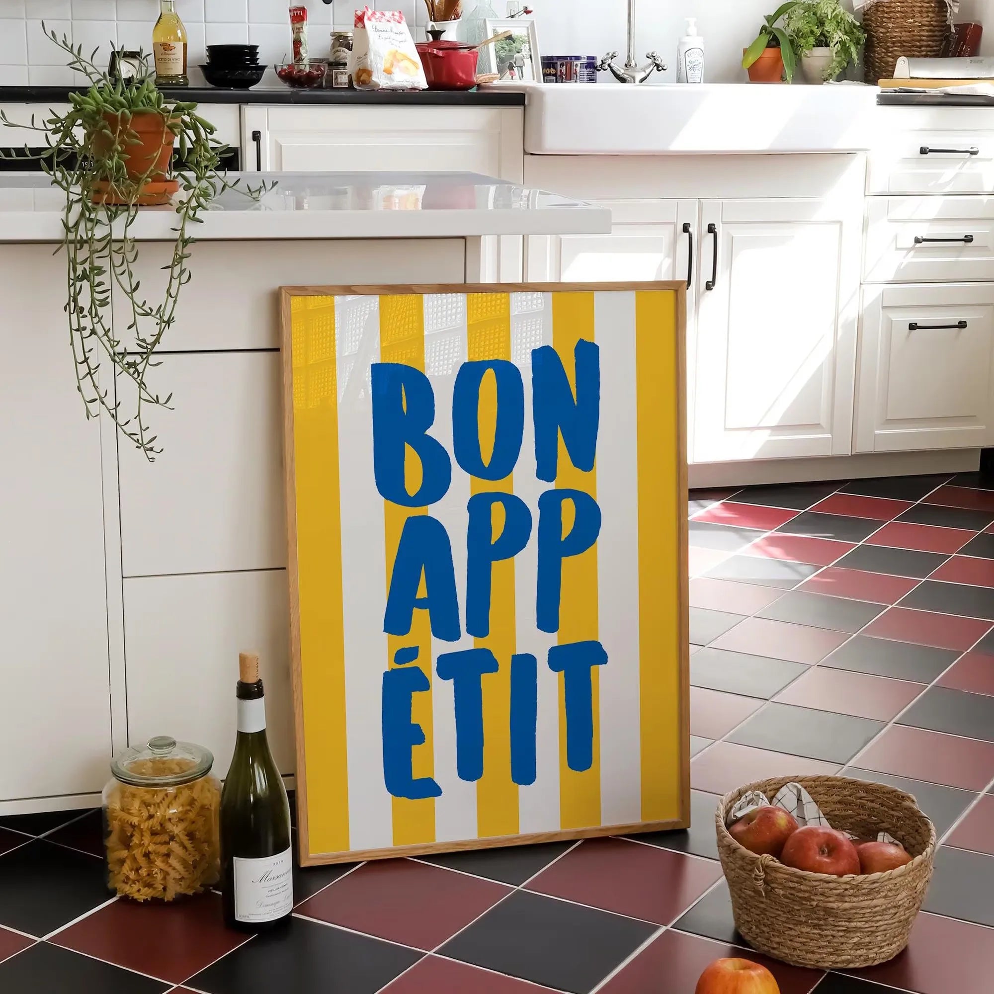 Bon Appetit Yellow White Striped Kitchen Print Mid-century French Quotation Wall Art Posters for Modern Living Rooms Home Decor