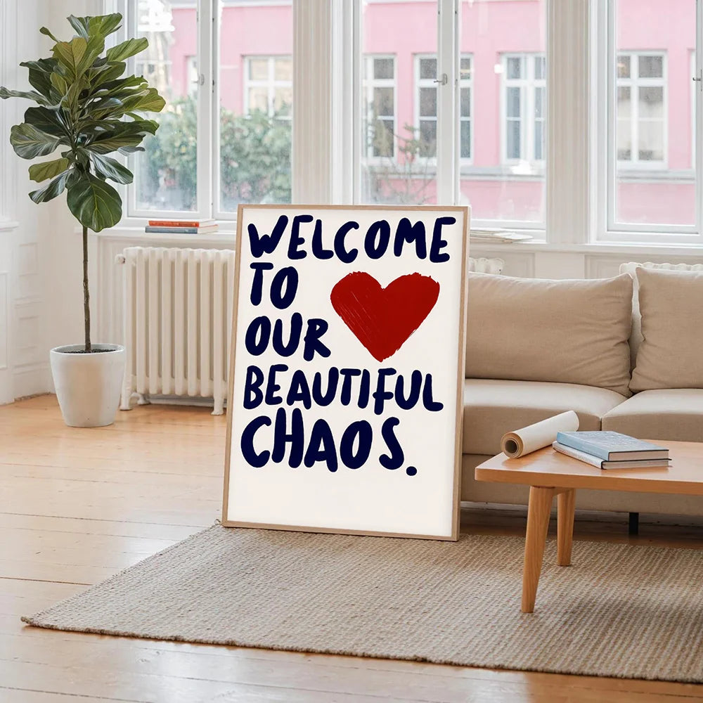 1-Pack "Welcome To Our Beautiful Chaos" Warm Canvas Poster - Red Heart and Letter Wall Poster Valentine's Day Gift Idea